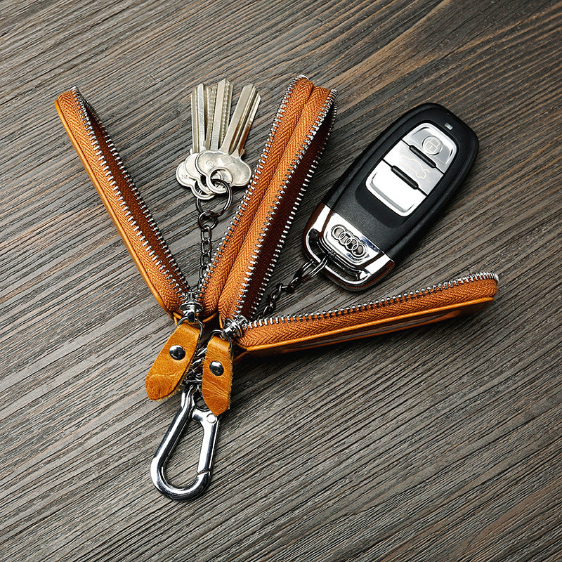 Vintage Cowhide Double Zipper Leather Car Key Cases 9009-Brown-Free Shipping Leatheretro
