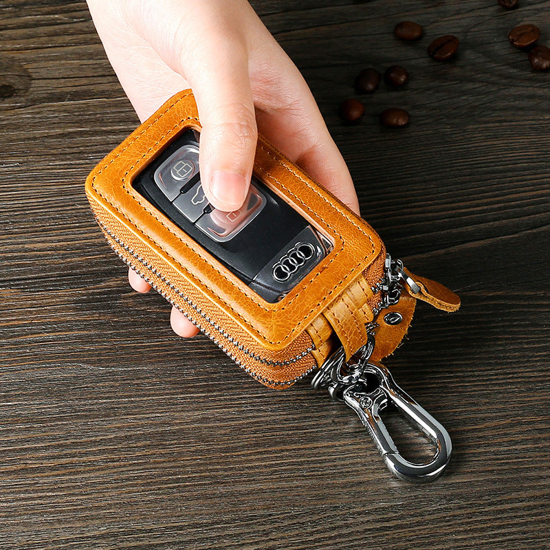 Vintage Cowhide Double Zipper Leather Car Key Cases 9009-Brown-Free Shipping Leatheretro