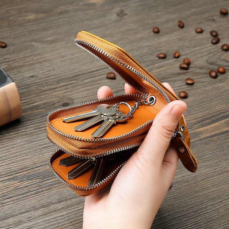 Vintage Cowhide Double Zipper Leather Car Key Cases 9009-Brown-Free Shipping Leatheretro