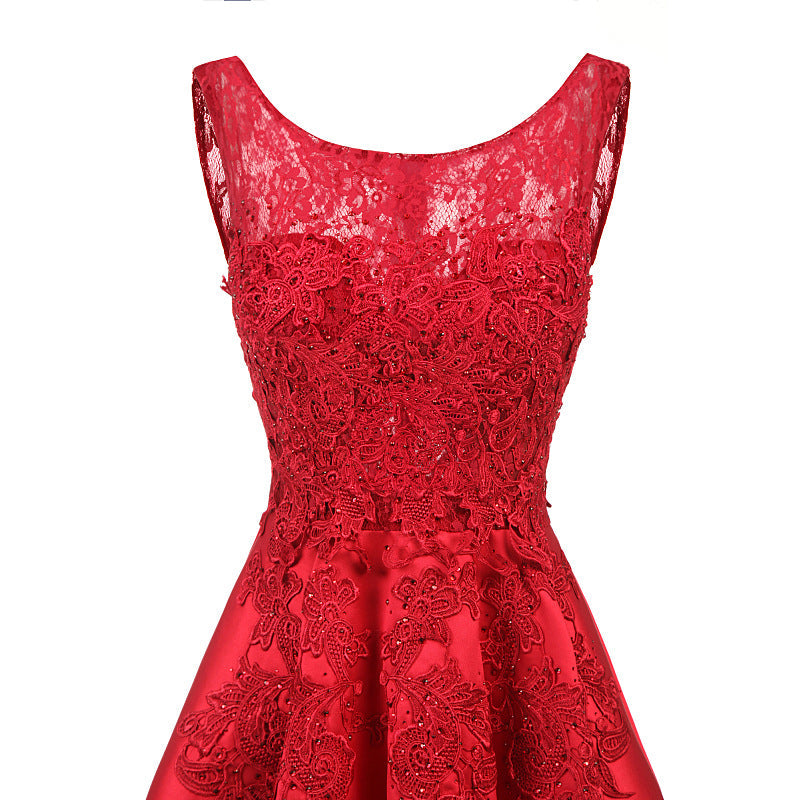 Women Red Lace Asymmetrical Evening Party Dresses-Dresses-Red-US2-Free Shipping Leatheretro