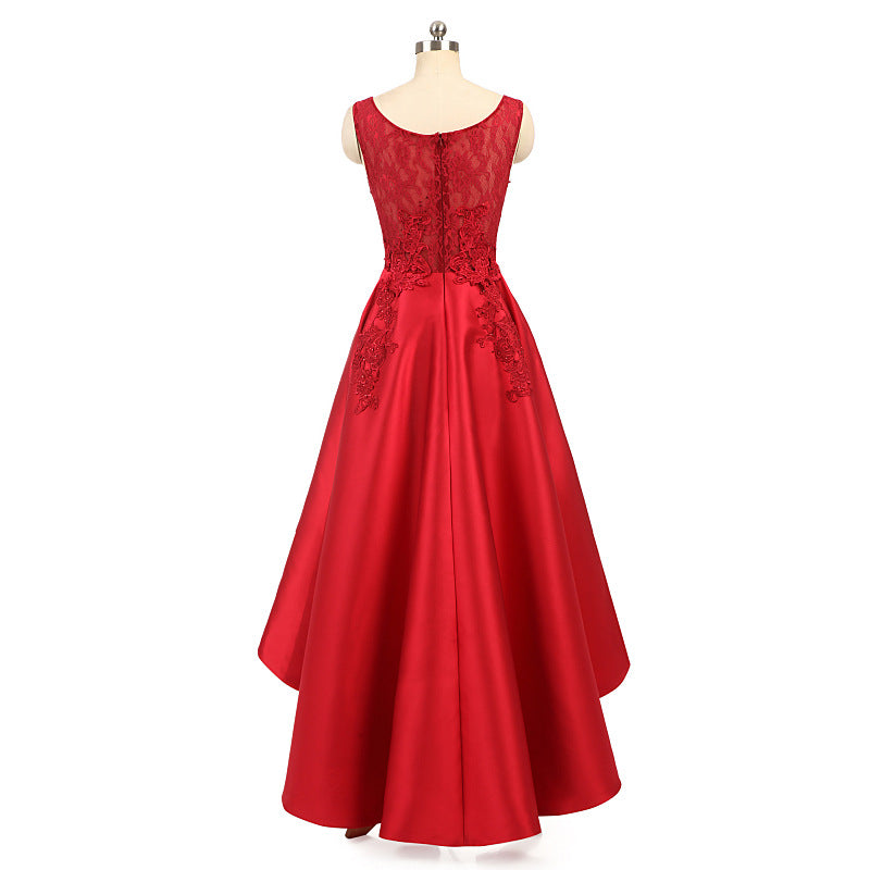 Women Red Lace Asymmetrical Evening Party Dresses-Dresses-Red-US2-Free Shipping Leatheretro