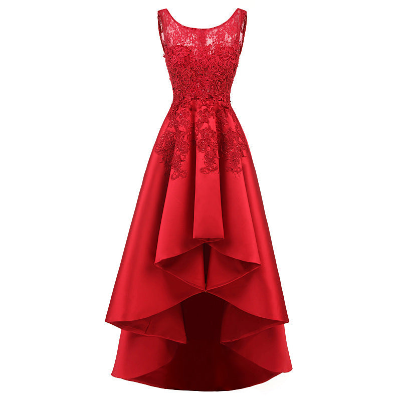 Women Red Lace Asymmetrical Evening Party Dresses-Dresses-Red-US2-Free Shipping Leatheretro