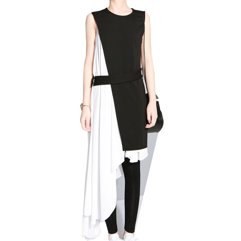 Black Whiter Irregular White Dress and Black Vest Set for Women-Dresses-Black-S-Free Shipping Leatheretro