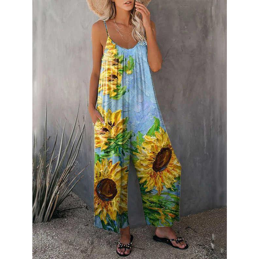 Sunflowers Spaghetti Straps Loose Jumpsuits-One Piece Suits-The same as picture-S-Free Shipping Leatheretro