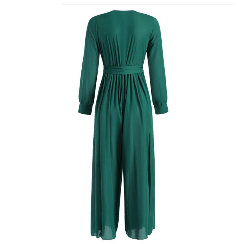 Sexy Long Sleeves V Neck Chiffon Split Long Jumpsuits-Women Suits-Green-S-Free Shipping Leatheretro