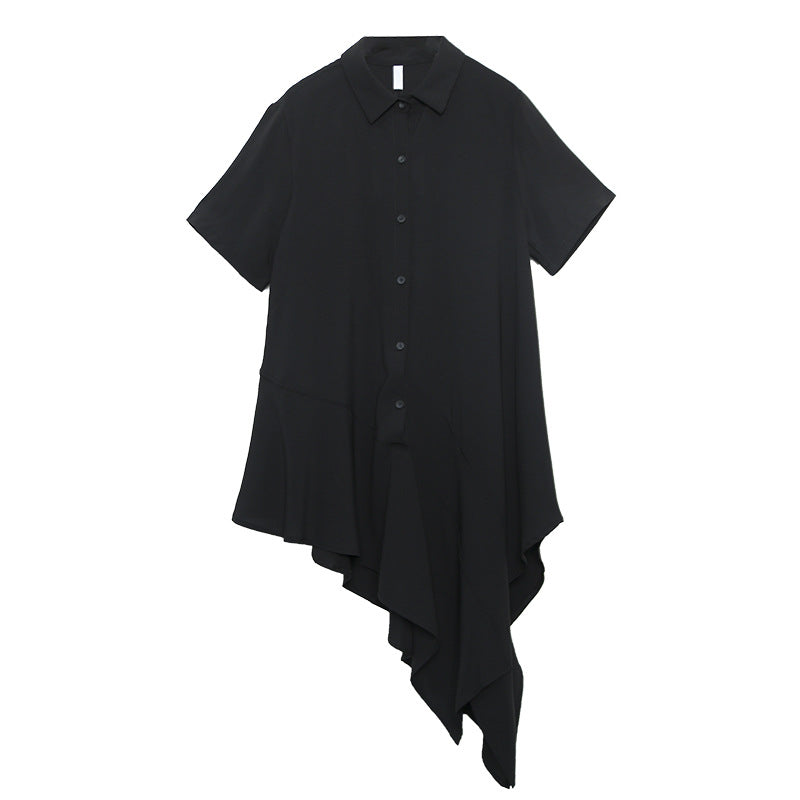 Summer Short Sleeves Irregular Chiffon Shirts Dresses-Dresses-Black-One Size-Free Shipping Leatheretro