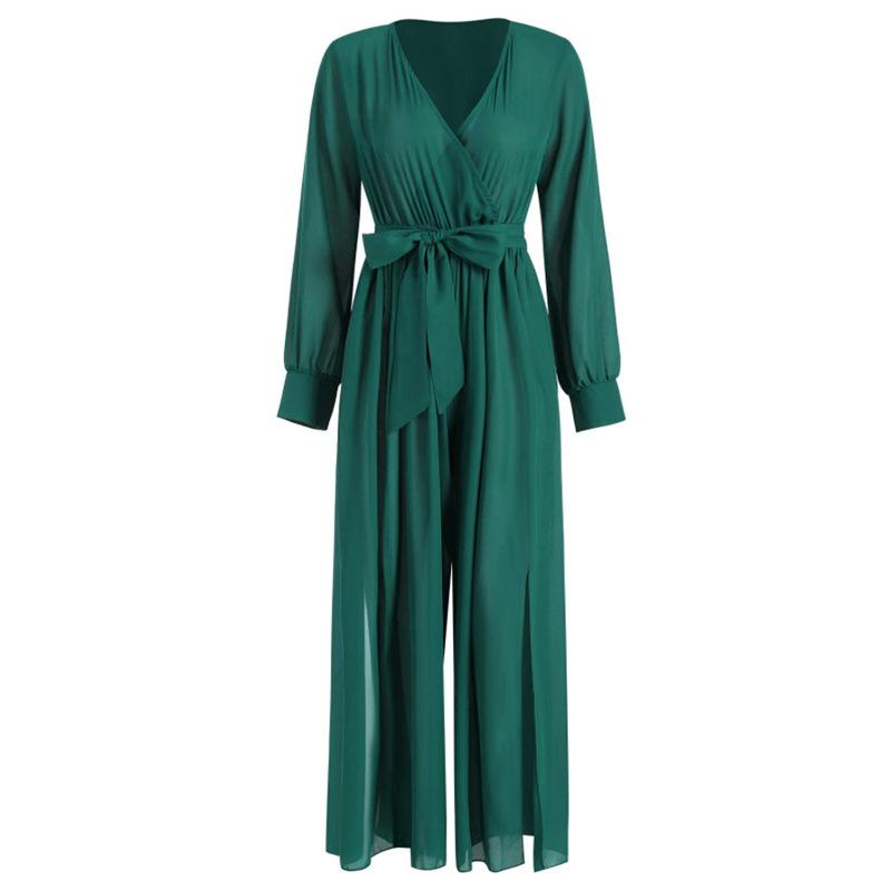 Sexy Long Sleeves V Neck Chiffon Split Long Jumpsuits-Women Suits-Green-S-Free Shipping Leatheretro