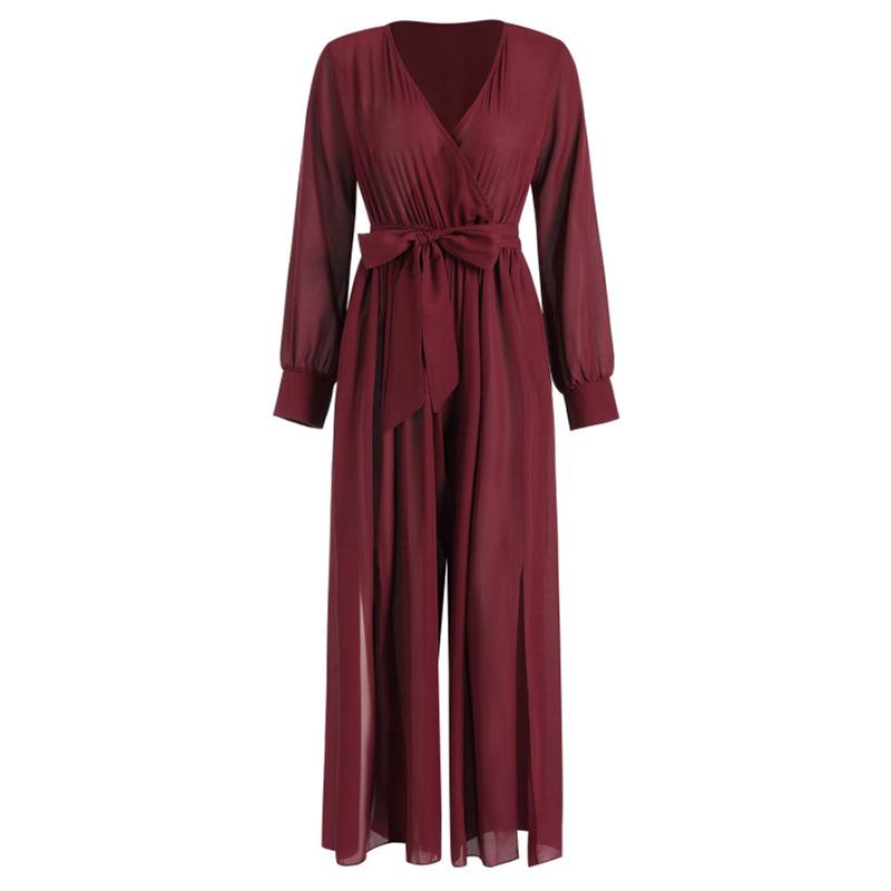 Sexy Long Sleeves V Neck Chiffon Split Long Jumpsuits-Women Suits-Wine Red-S-Free Shipping Leatheretro