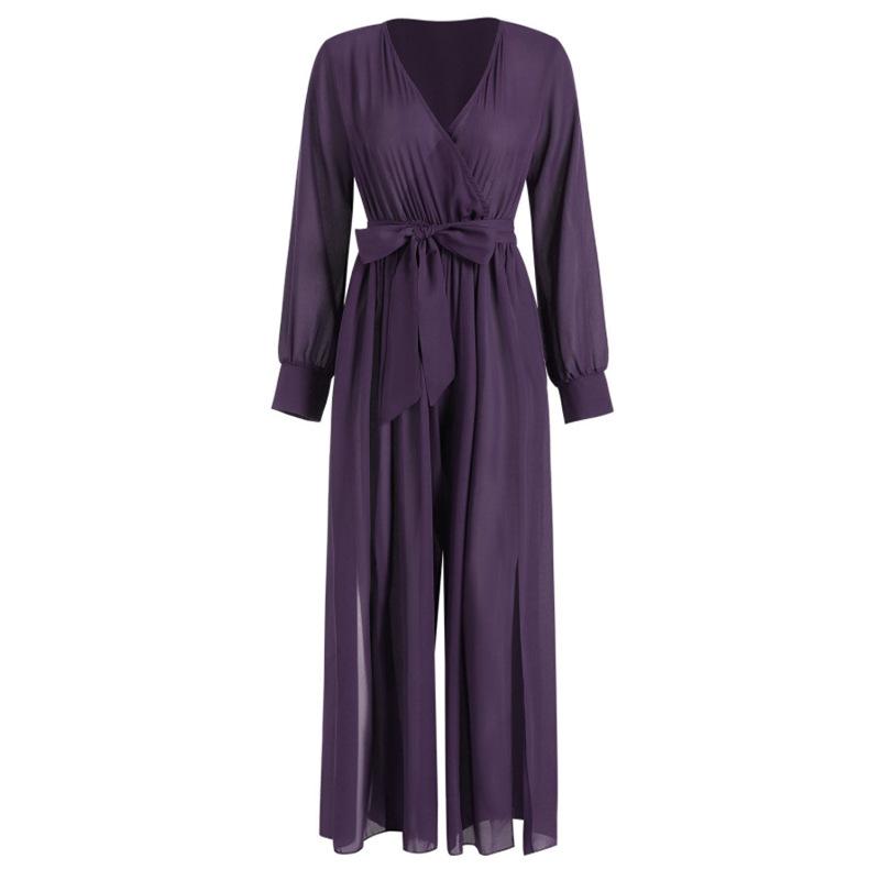 Sexy Long Sleeves V Neck Chiffon Split Long Jumpsuits-Women Suits-Purple-S-Free Shipping Leatheretro