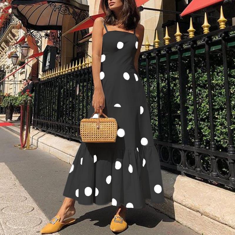 Sexy Strapless Dot Print Dresses-Maxi Dresses-Black-S-Free Shipping Leatheretro