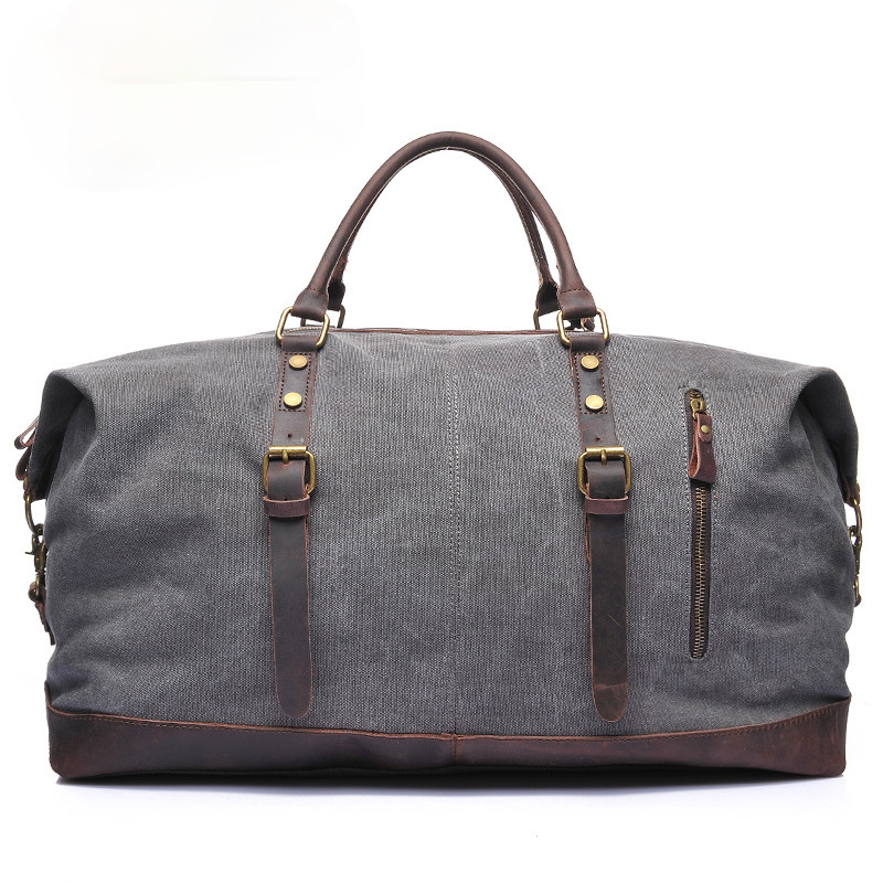 Men's Travel Canvas Leather Duffle Bag D-2077-Leather Duffle Bags-Gray-Free Shipping Leatheretro