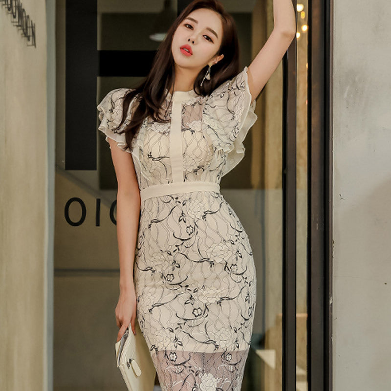 Sexy Lace Ruffled Sleeves Bodycon Sheath Dresses-Dresses-White-S-Free Shipping Leatheretro
