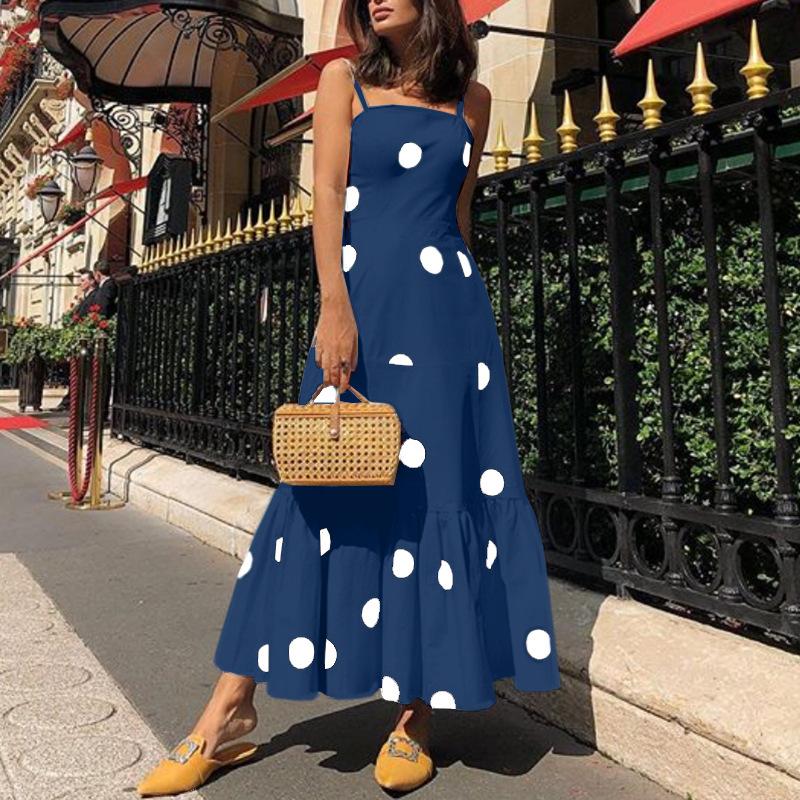 Sexy Strapless Dot Print Dresses-Maxi Dresses-Blue-S-Free Shipping Leatheretro