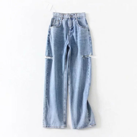 Women Broken Holes High Waist Loose Jeans-Pants-Blue-24-Free Shipping Leatheretro