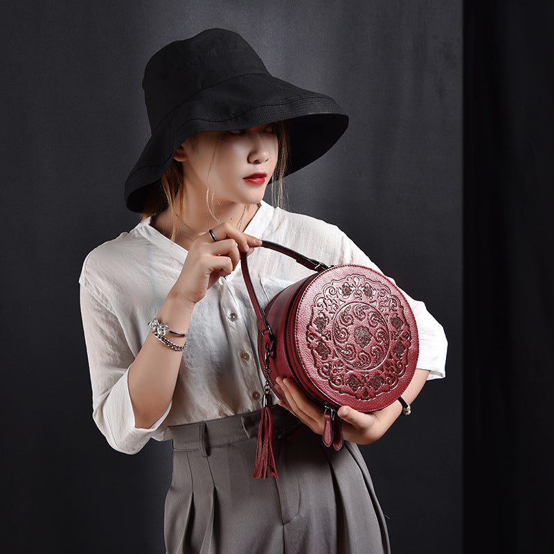 Vintage Toem Embossing Round Shape Leather Tote Bags 9785-Leather Bags for Women-Wine Red-Free Shipping Leatheretro