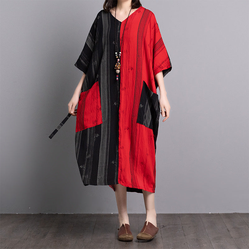 Summer Linen Plus Sizes Women Midi Dresses-Dresses-Red and Black-One Size-Free Shipping Leatheretro