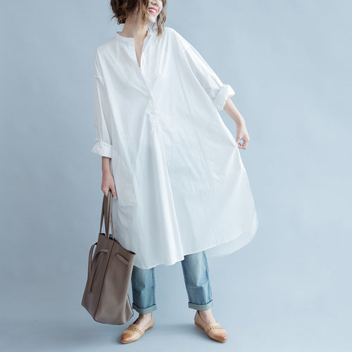 White Round Neck Long Shirt Dresses-Dresses-White-One Size-Free Shipping Leatheretro