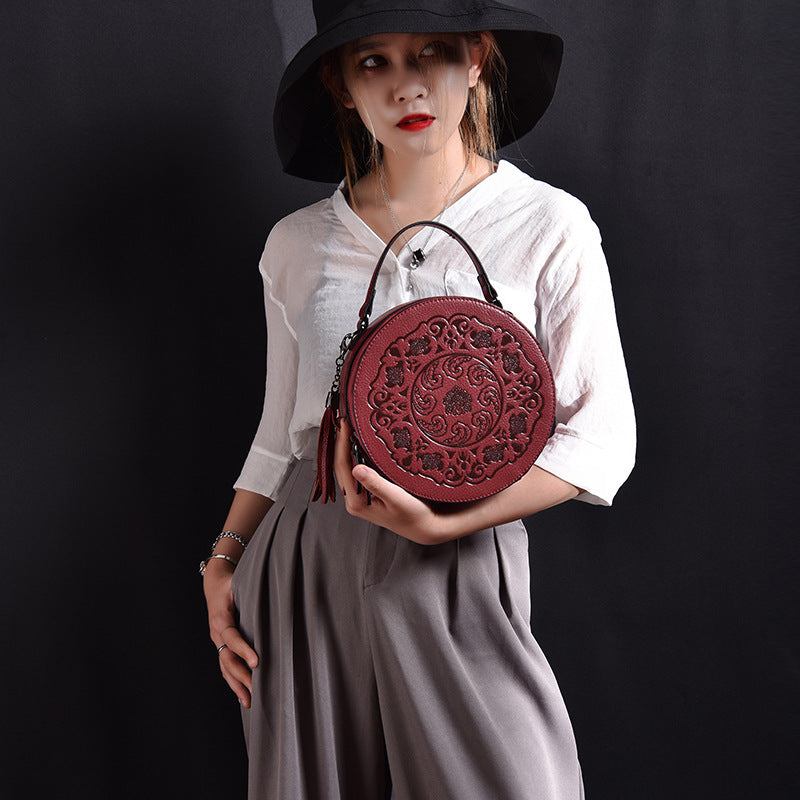 Vintage Toem Embossing Round Shape Leather Tote Bags 9785-Leather Bags for Women-Wine Red-Free Shipping Leatheretro