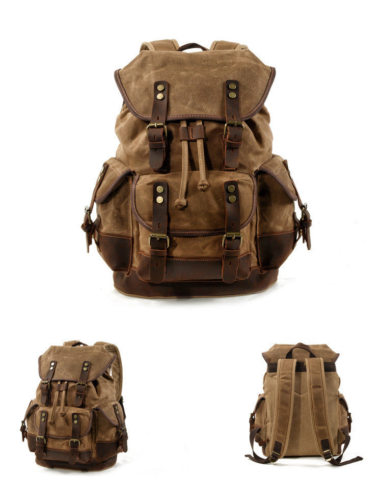 Leisure Vintage Waxed Leather Canvas Backpack for Hiking-Leather Canvas Backpack-Black-Free Shipping Leatheretro