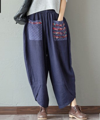 Vintage Linen Wide Legs Pants for Women-Pants-Blue-M-Free Shipping Leatheretro