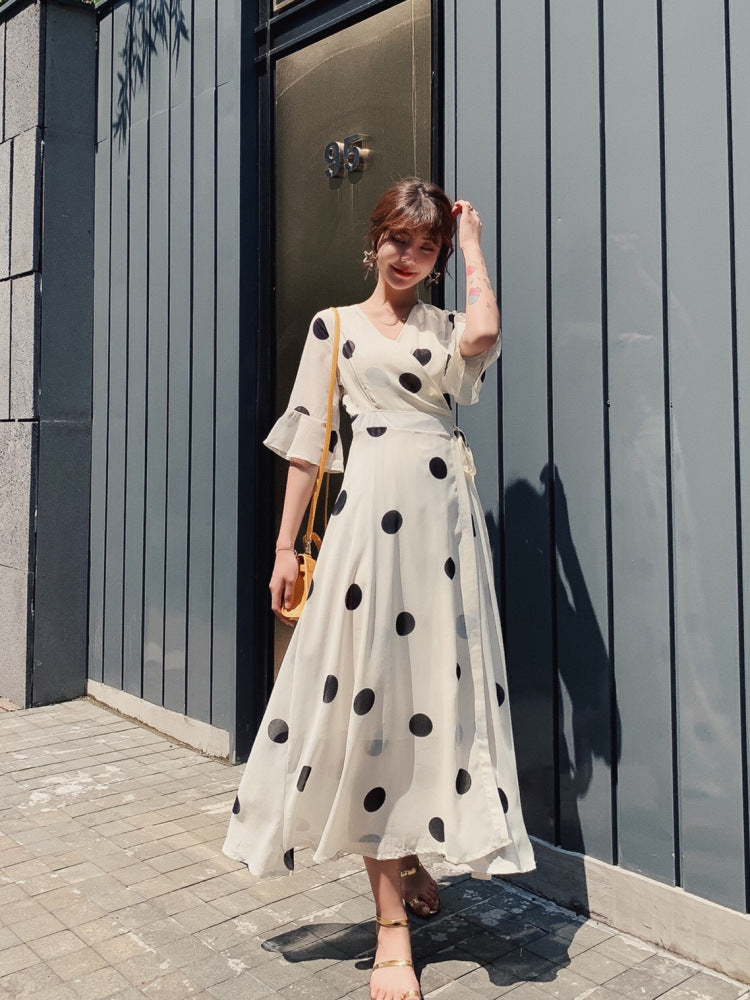 Black Dot Chiffon Summer Women Long Dress-Dresses-Apricot-S-Free Shipping Leatheretro