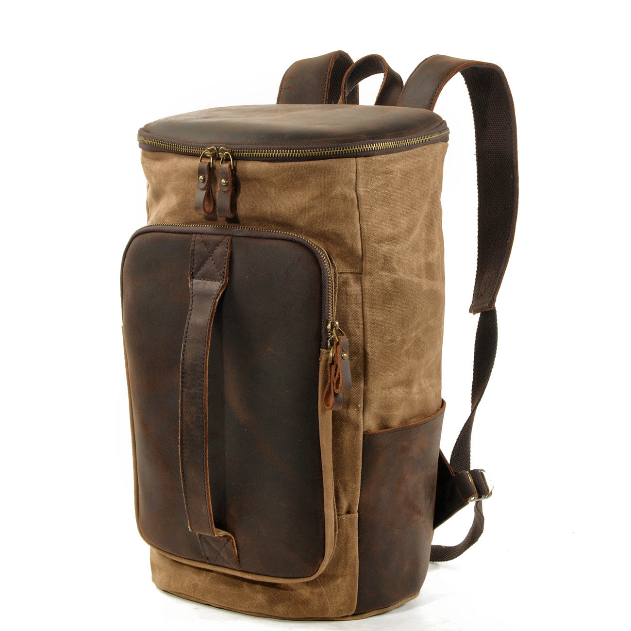 Roomy Capacity Leather Canvas Backpack 6139-Leather Canvas Backpack-Khaki-Free Shipping Leatheretro