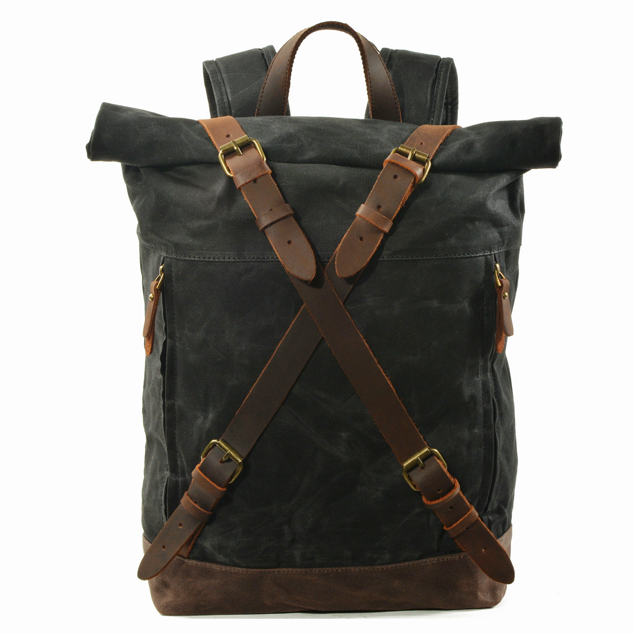 Men Waterproof Leather Canvas Hiking Bag 9505-Leather Canvas Backpack-Black-Free Shipping Leatheretro