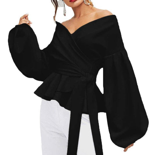Black Women Sexy Bowknot Puff Sleeves Blouses-Shirts&Blouses-Black-S-Free Shipping Leatheretro