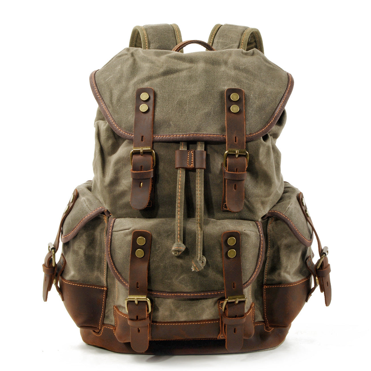 Leisure Vintage Waxed Leather Canvas Backpack for Hiking-Leather Canvas Backpack-Army Green-Free Shipping Leatheretro