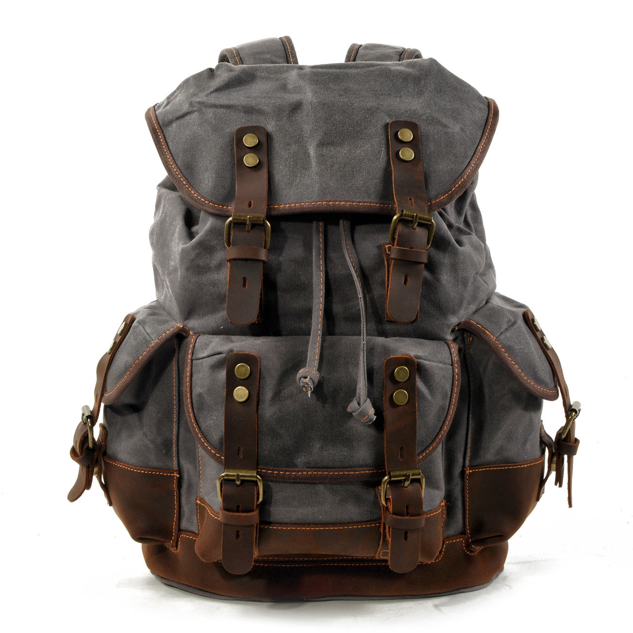 Leisure Vintage Waxed Leather Canvas Backpack for Hiking-Leather Canvas Backpack-Gray-Free Shipping Leatheretro