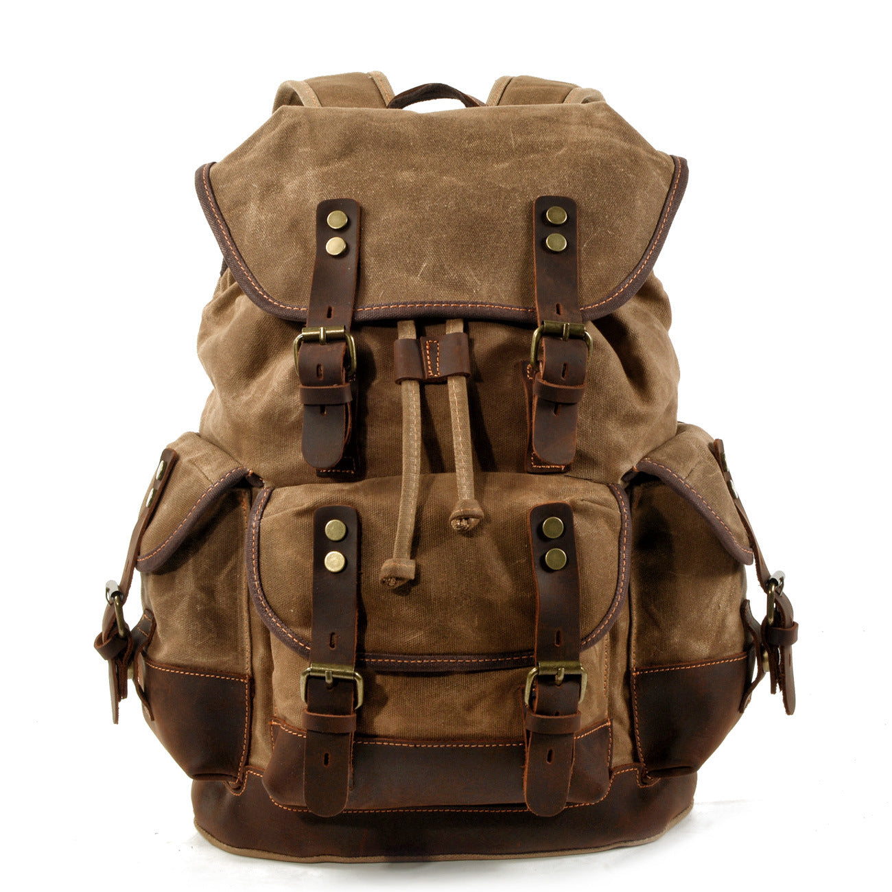 Leisure Vintage Waxed Leather Canvas Backpack for Hiking-Leather Canvas Backpack-Khaki-Free Shipping Leatheretro