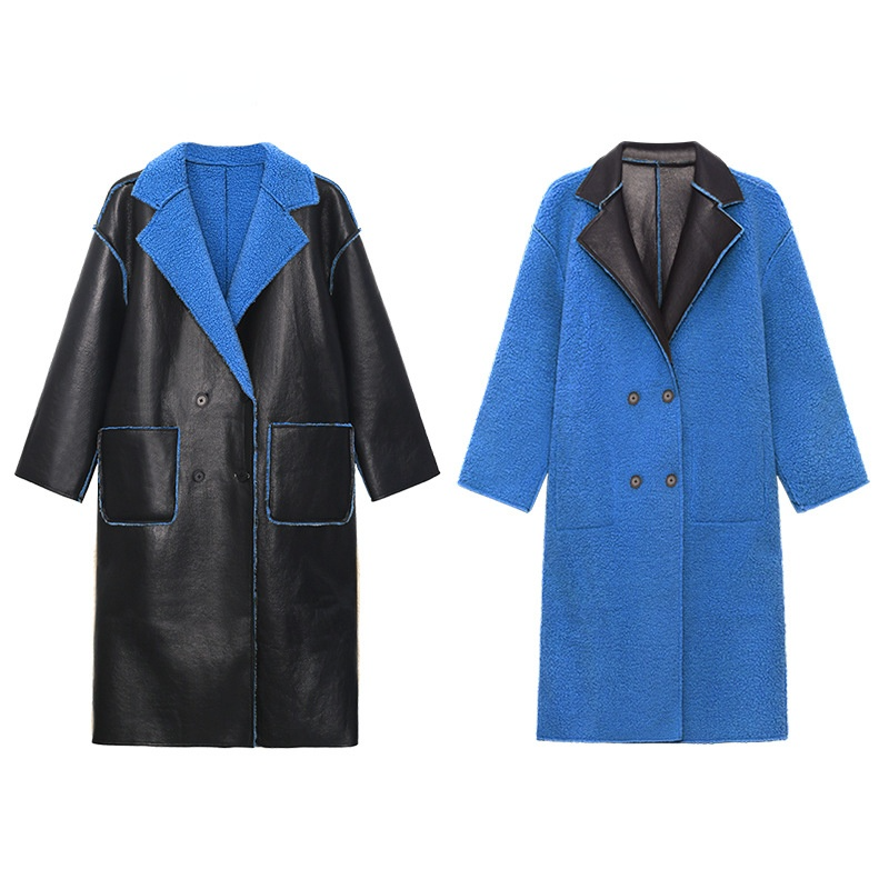 Reversible Leather Fur Thicken Winter Blazer Long Overcoat-Outerwear-Blue-One Size-Free Shipping Leatheretro