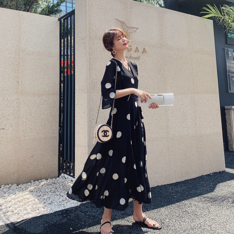 Black Dot Chiffon Summer Women Long Dress-Dresses-Black-S-Free Shipping Leatheretro
