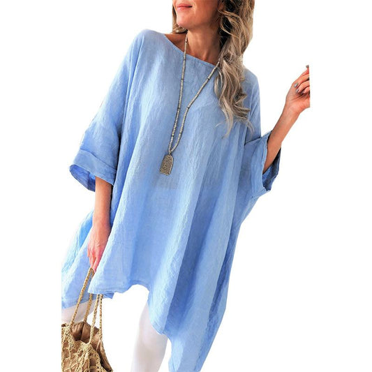 Women Linen Short Sleeves Casual Blouses-Blouses-Blue-S-Free Shipping Leatheretro