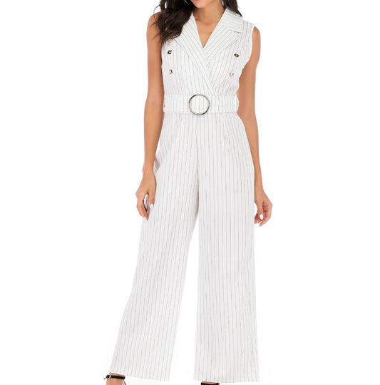 White Sleeveless Blazer Summer Jumpsuits with Belt-Suits-The same as picture-S-Free Shipping Leatheretro