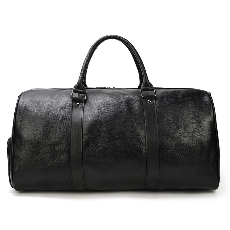 Black Gym Bucket Cowhide Leather Weekend Bags 9423-Leather Duffle Bags-Black-Free Shipping Leatheretro