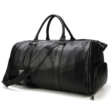 Black Gym Bucket Cowhide Leather Weekend Bags 9423-Leather Duffle Bags-Black-Free Shipping Leatheretro