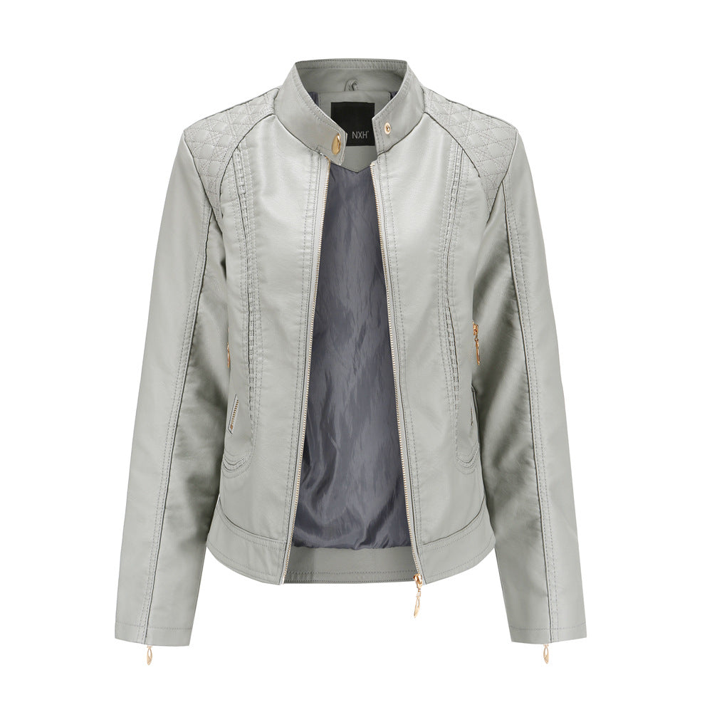 Women PU Leather Jacket Office Lady Coat-Outerwear-Gray-M-Free Shipping Leatheretro