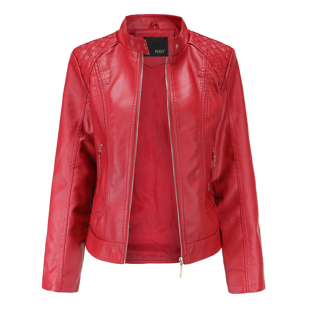 Women PU Leather Jacket Office Lady Coat-Outerwear-Red-M-Free Shipping Leatheretro