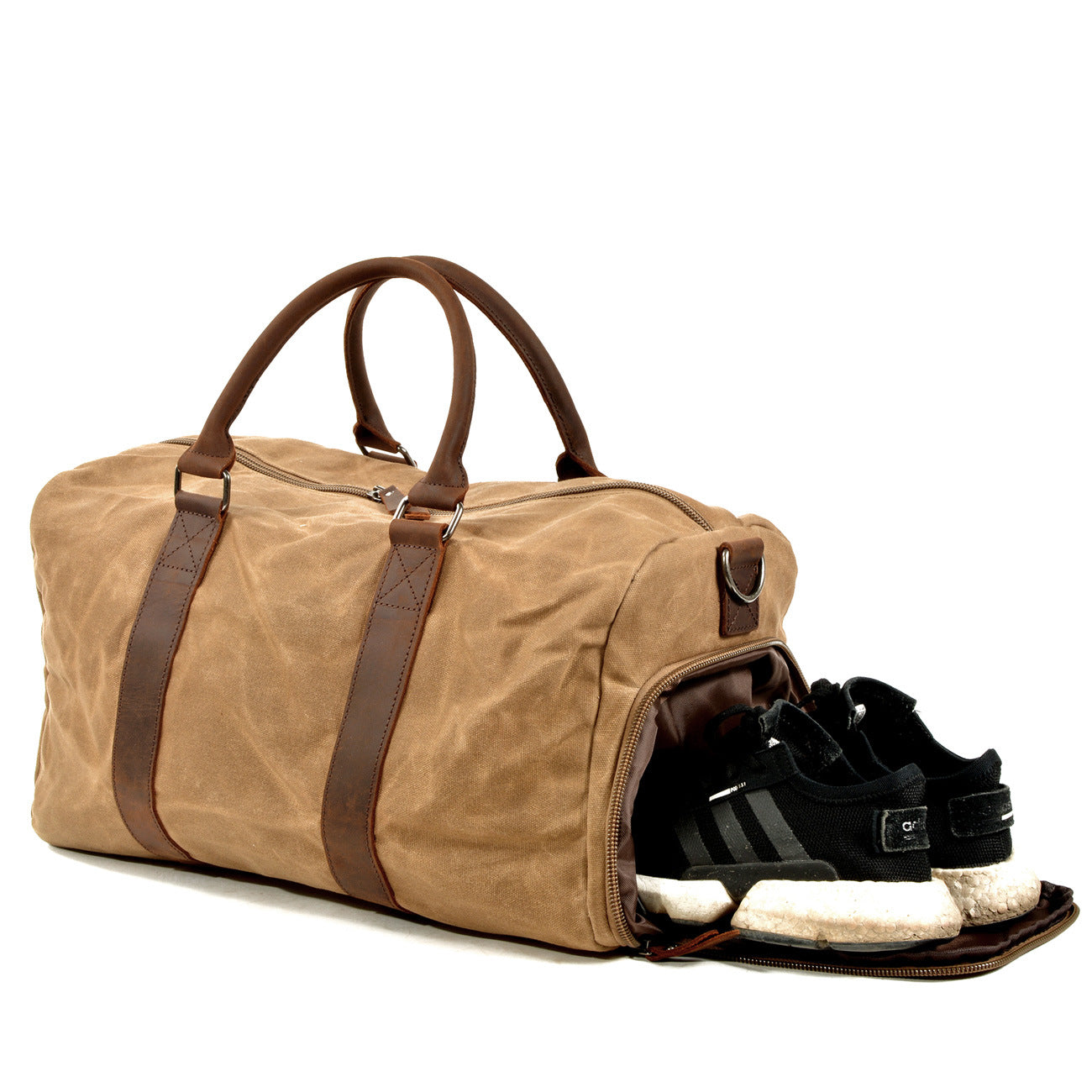 Men's Canvas Leather Bags for Traveling 6061-Canvas weekend bags-Khaki-Free Shipping Leatheretro