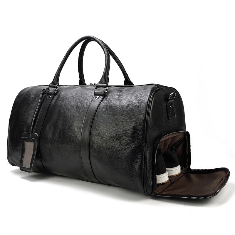 Black Gym Bucket Cowhide Leather Weekend Bags 9423-Leather Duffle Bags-Black-Free Shipping Leatheretro
