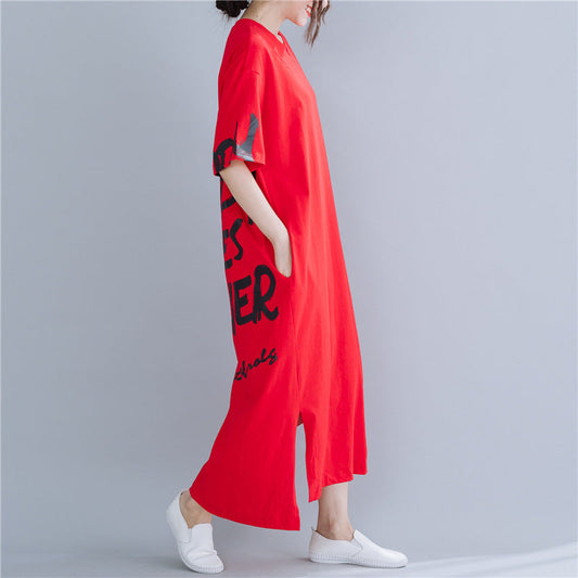 Casual Letter Print Summer Long Cozy Dresses-Dresses-Red-XL-Free Shipping Leatheretro