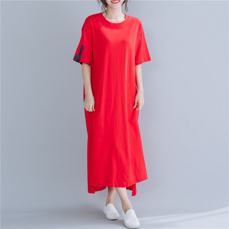 Casual Letter Print Summer Long Cozy Dresses-Dresses-Red-XL-Free Shipping Leatheretro