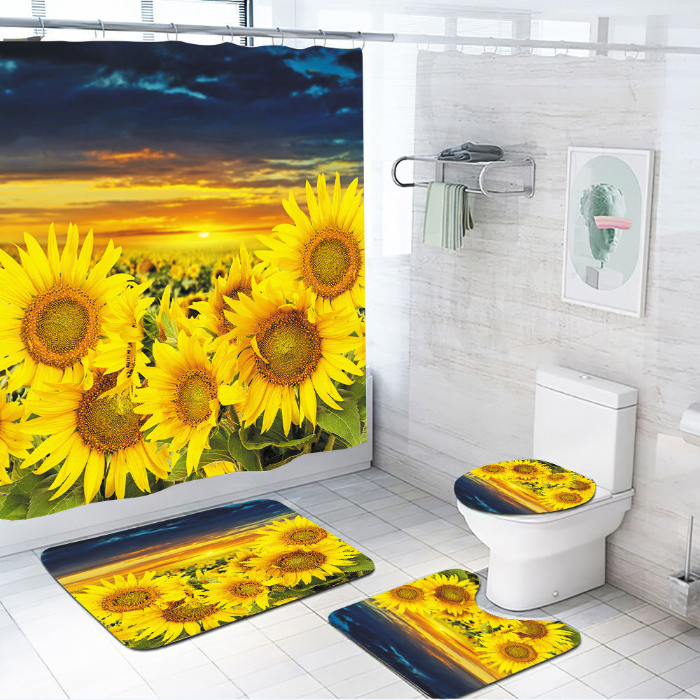 3D Sunflower Shower Curtain Set Bathroom Rug Bath Mat Non-Slip Toilet Lid Cover-Shower Curtains-E-Shower Curtain+3Pcs Mat-Free Shipping Leatheretro