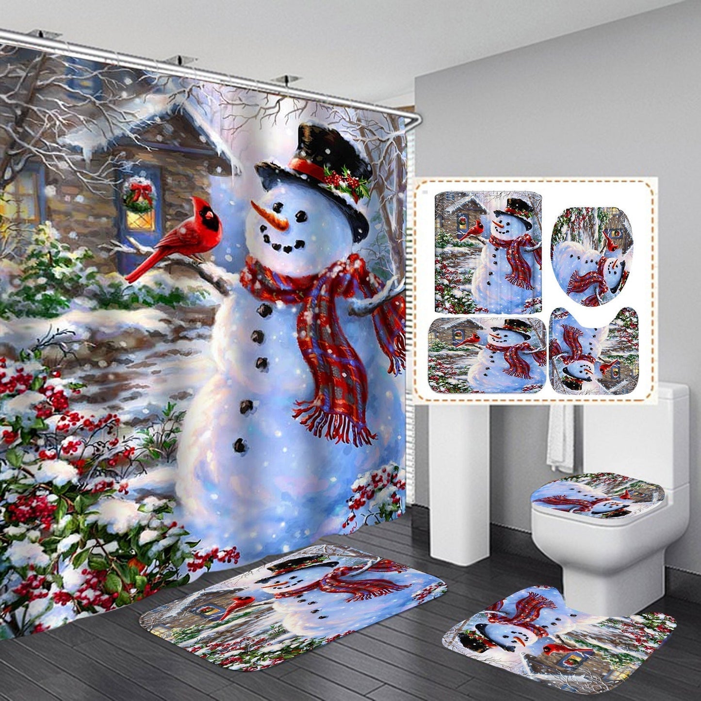 Christmas Dec Shower Curtain Bathroom Rug Set Bath Mat Non-Slip Toilet Lid Cover-Shower Curtain-180×180cm Shower Curtain Only-3-Free Shipping Leatheretro
