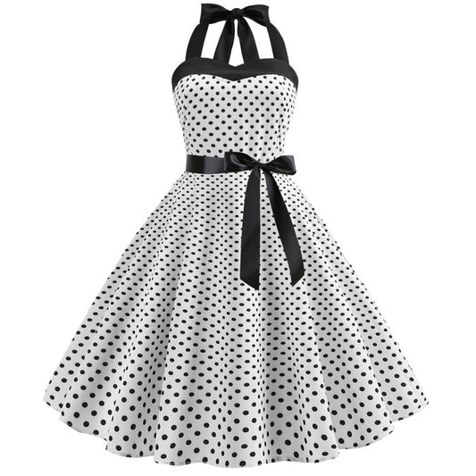 Summer Halter Dot Print Strapless Retro Dresses-Vintage Dresses-White-S-Free Shipping Leatheretro