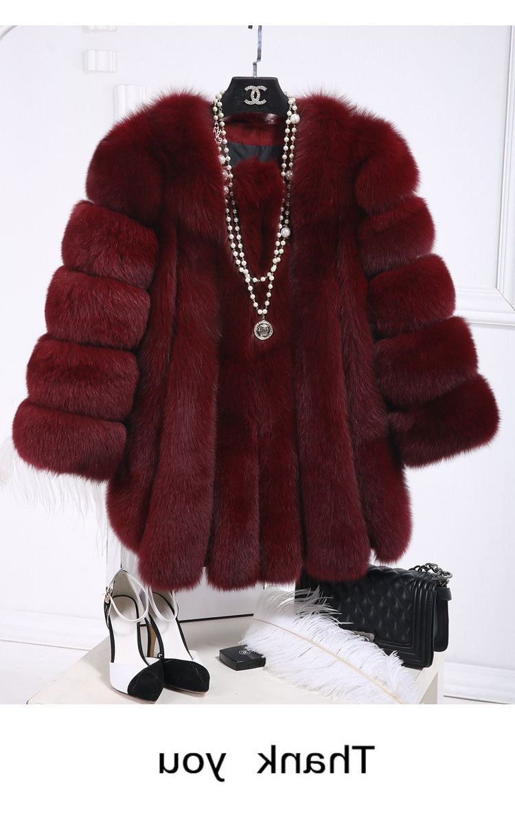 Artificial Fox Fur Women Winter Overcoat-Outerwear-Wine Red-S-Free Shipping Leatheretro