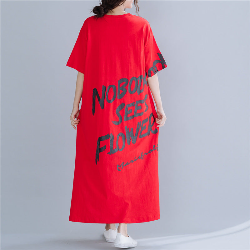 Casual Letter Print Summer Long Cozy Dresses-Dresses-Red-XL-Free Shipping Leatheretro