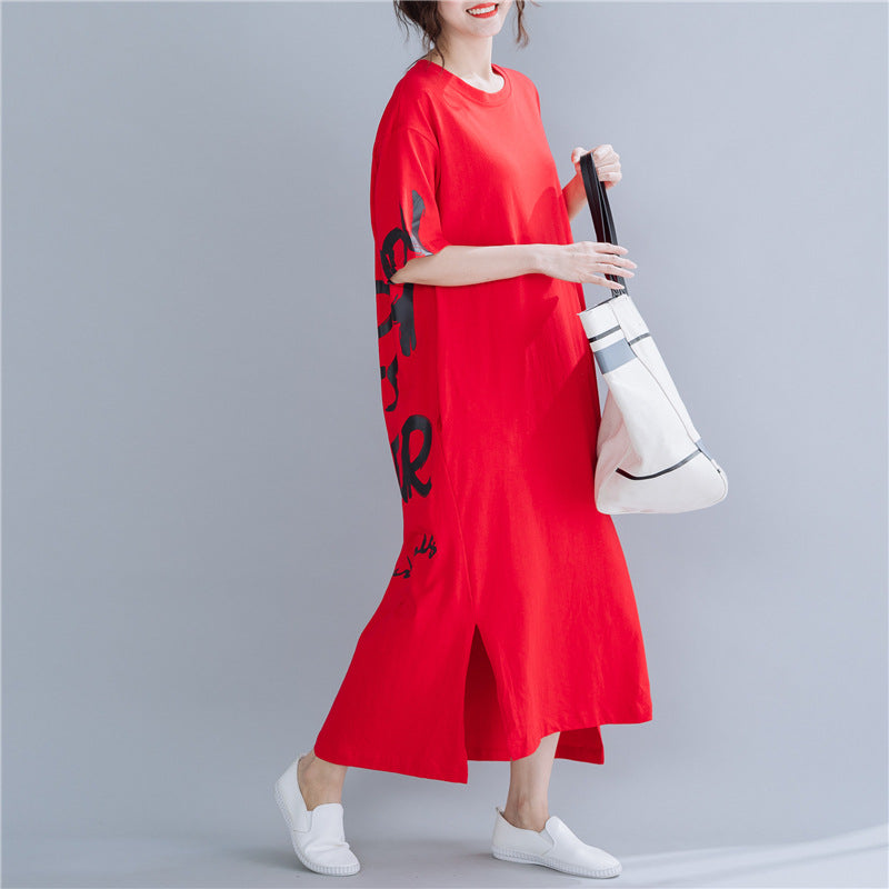 Casual Letter Print Summer Long Cozy Dresses-Dresses-Red-XL-Free Shipping Leatheretro