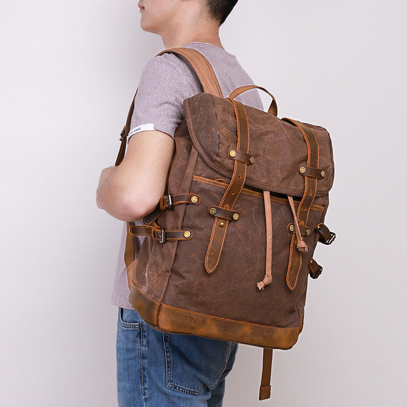 Men Outdoor Hiking Leather Canvas Backpack CT0015-Leather Canvas Backpack-Coffee-Free Shipping Leatheretro